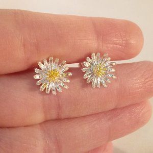 Silver Plated Sun Flower Carved Stud Earrings Womens Classic